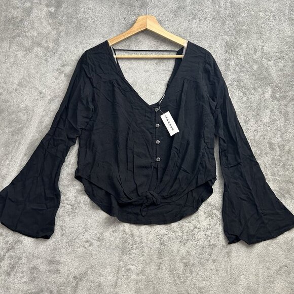 La Hearts Tops - LA HEARTS Shirt Womens Small Black Flare Sleeve Top V-Neck Front Tie Casual